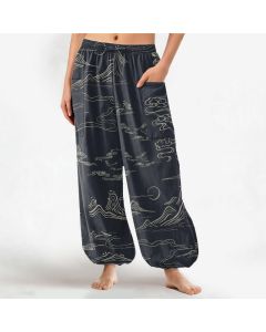 Buddha Stones Cotton Oriental Mountain Cloud Pattern Women's Elastic Waist Harem Pants With Side Pockets - Teal / US2，UK/AU6，EU34 (XS)