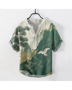 Buddha Stones Cotton Oriental Mountain Crane Landscape Pattern Men's Short Sleeve Half Button Shirt - CadetBlue / US/UK/AU50，EU60 (5XL)