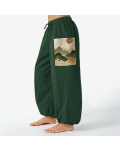 Buddha Stones Cotton Oriental Mountain Lotus Pattern Women's Elastic Waist Harem Pants With Side Pockets - ForestGreen / US16，UK/AU20，EU48 (3XL)