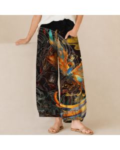 Buddha Stones Cotton Oriental Phoenix Feather Pattern Pleated Elastic Waist Women's Harem Pants With Pockets - Teal / US2，UK/AU6，EU34 (XS)