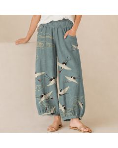 Buddha Stones Cotton Oriental White Crane Clouds Pattern Pleated Elastic Waist Women's Harem Pants With Pockets - MediumAquamarine / US2，UK/AU6，EU34 (XS)