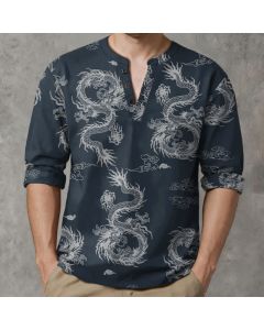 Buddha Stones Cotton Oriental White Dragon Cloud Pattern V-Neck Buttons Men's Long Sleeve Shirts - Navy / US/UK/AU38，EU48 (M)