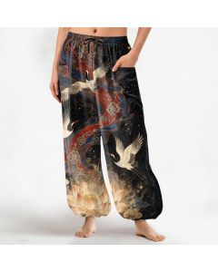 Buddha Stones Cotton Ornamental Crane Lotus Pattern Women's Elastic Waist Harem Pants With Side Pockets - Black / US2，UK/AU6，EU34 (XS)
