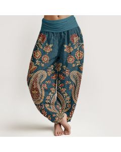 Buddha Stones Cotton Paisley Floral Pattern Women's Elastic Waist Harem Pants - Teal / US2，UK/AU6，EU34 (XS)