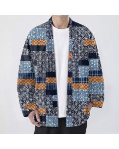 Buddha Stones Cotton Patchwork Geometric Block Pattern Open Front Men's Kimono - Navy / US/UK/AU38，EU48 (M)