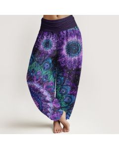 Buddha Stones Cotton Peacock Feather Pattern Women's Elastic Waist Harem Pants - Purple / US14，UK/AU18，EU46 (2XL)