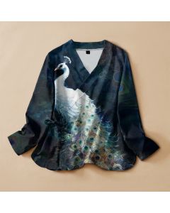 Buddha Stones Cotton Peacock Feather Pattern Wrap V-Neck Lace-up Women's Long Sleeve Shirts Kimono - MidnightBlue / US4，UK/AU8，EU36 (S)
