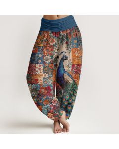 Buddha Stones Cotton Peacock Floral Patchwork Pattern Women's Elastic Waist Harem Pants - Teal / US2，UK/AU6，EU34 (XS)