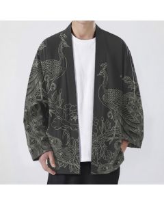 Buddha Stones Cotton Peacock Peony Line Art Pattern Open Front Men's Kimono - Black / US/UK/AU38，EU48 (M)