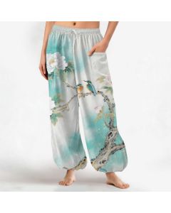 Buddha Stones Cotton Peony Bird Garden Pattern Women's Elastic Waist Harem Pants With Side Pockets - Turquoise / US2，UK/AU6，EU34 (XS)