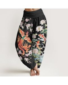 Buddha Stones Cotton Phoenix Koi Lotus Pattern Women's Elastic Waist Harem Pants - Black / US2，UK/AU6，EU34 (XS)