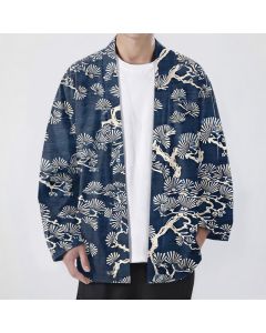 Buddha Stones Cotton Pine Branch Fan Pattern Open Front Men's Kimono - Navy / US/UK/AU38，EU48 (M)