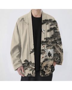 Buddha Stones Cotton Pine Crane Ink Pattern Open Front Men's Kimono - Beige / US/UK/AU38，EU48 (M)