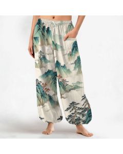 Buddha Stones Cotton Pine Mountain Scenery Pattern Women's Elastic Waist Harem Pants With Side Pockets - Linen / US2，UK/AU6，EU34 (XS)