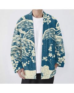Buddha Stones Cotton Pine Plum Blossom Pattern Open Front Men's Kimono - SlateGray / US/UK/AU40，EU50 (L)