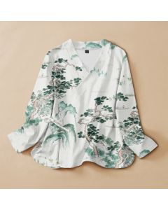 Buddha Stones Cotton Pine Tree Landscape Print Hanfu Style Wrap V-Neck Lace-up Women's Long Sleeve Shirts Kimono - PaleTurquoise / US4,UK/AU8,EU36 (S)