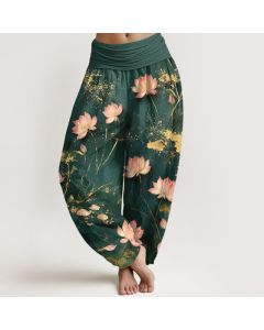 Buddha Stones Cotton Pink Lotus Gold Splash Pattern Women's Elastic Waist Harem Pants - Teal / US2，UK/AU6，EU34 (XS)