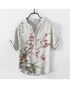 Buddha Stones Cotton Plum Blossom Bamboo Pattern Men's Short Sleeve Half Button Shirt - Turquoise / US/UK/AU38，EU48 (M)