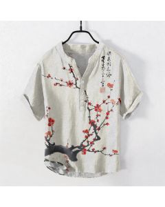 Buddha Stones Cotton Plum Blossom Branch Pattern Calligraphy Men's Short Sleeve Half Button Shirt - LightSkyBlue / US/UK/AU50，EU60 (5XL)