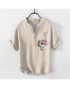 Buddha Stones Cotton Plum Blossom Calligraphy Pattern Men's Short Sleeve Half Button Shirt - Beige / US/UK/AU38，EU48 (M)