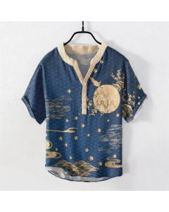 Buddha Stones Cotton Plum Blossom Full Moon Crane Emblem Men's Short Sleeve Half Button Shirt - DarkGreen / US/UK/AU50,EU60 (5XL)
