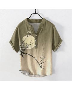 Buddha Stones Cotton Plum Blossom Moon Pattern Men's Short Sleeve Half Button Shirt - Olive / US/UK/AU38，EU48 (M)
