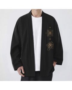 Buddha Stones Cotton Radiant Lotus Starburst Pattern Open Front Men's Kimono - Black / US/UK/AU38，EU48 (M)