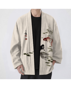 Buddha Stones Cotton Red Black Koi Lotus Pattern Open Front Men's Kimono - Beige / US/UK/AU38，EU48 (M)