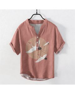 Buddha Stones Cotton Red Crown Crane Pattern Men's Short Sleeve Half Button Shirt - LightCoral / US/UK/AU38，EU48 (M)