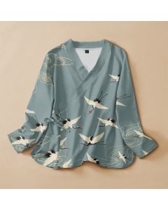 Buddha Stones Cotton Red Crown Crane Print Hanfu Style Wrap V-Neck Lace-up Women's Long Sleeve Shirts Kimono - Turquoise / US4，UK/AU8，EU36 (S)