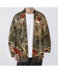 Buddha Stones Cotton Red Koi Fish Golden Waves Pattern Open Front Men's Kimono - Olive / US/UK/AU38，EU48 (M)