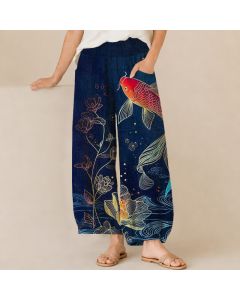 Buddha Stones Cotton Red Koi Fish Lotus Ripple Pattern Pleated Elastic Waist Women's Harem Pants With Pockets - Navy / US2，UK/AU6，EU34 (XS)
