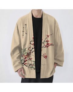 Buddha Stones Cotton Red Plum Bamboo Pattern Open Front Men's Kimono - Wheat / US/UK/AU38，EU48 (M)