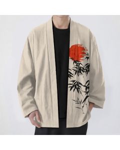 Buddha Stones Cotton Red Sun Bamboo Ink Pattern Open Front Men's Kimono - Beige / US/UK/AU38，EU48 (M)