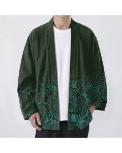 Buddha Stones Cotton Ripple Circle Pattern Open Front Men's Kimono - DarkGreen / US/UK/AU38，EU48 (M)