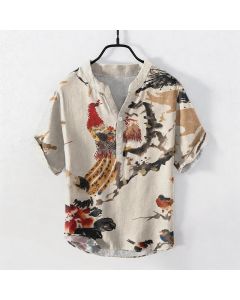 Buddha Stones Cotton Rooster Floral Ink Pattern Men's Short Sleeve Half Button Shirt - DarkGray / US/UK/AU50，EU60 (5XL)