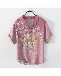 Buddha Stones Cotton Sakura Branch Sun Pattern Men's Short Sleeve Half Button Shirt - PaleVioletRed / US/UK/AU38，EU48 (M)