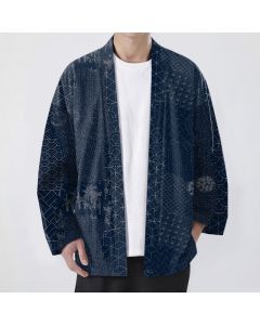 Buddha Stones Cotton Seigaiha Asanoha Pattern Open Front Men's Kimono - Navy / US/UK/AU38，EU48 (M)