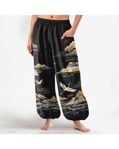 Buddha Stones Cotton Serene Landscape Crane Pattern Women's Elastic Waist Harem Pants With Side Pockets - Teal / US2，UK/AU6，EU34 (XS)