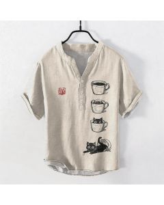 Buddha Stones Cotton Stacked Cups Cat Pattern Men's Short Sleeve Half Button Shirt - Beige / US/UK/AU38，EU48 (M)