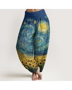 Buddha Stones Cotton Starry Night Sunflower Pattern Women's Elastic Waist Harem Pants - BlueViolet / US16，UK/AU20，EU48 (3XL)
