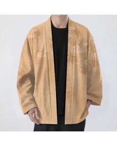 Buddha Stones Cotton Subtle Floral Leaf Pattern Open Front Men's Kimono - Tan / US/UK/AU38，EU48 (M)