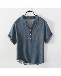Buddha Stones Cotton Sun Moon Star Pattern Men's Short Sleeve Half Button Shirt - SteelBlue / US/UK/AU38，EU48 (M)