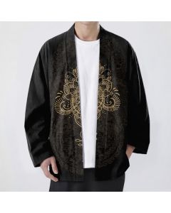 Buddha Stones Cotton Symmetrical Floral Mandala Pattern Open Front Men's Kimono - Black / US/UK/AU38，EU48 (M)
