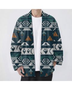 Buddha Stones Cotton Teal Aztec Geometric Pattern Open Front Men's Kimono - Teal / US/UK/AU44，EU54 (2XL)