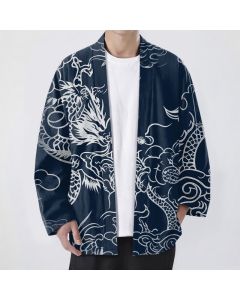 Buddha Stones Cotton Traditional Dragon Cloud Pattern Open Front Men's Kimono - Navy / US/UK/AU38，EU48 (M)