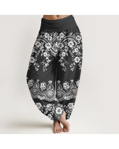 Buddha Stones Cotton Traditional Flower Vine Leaf Pattern Women's Elastic Waist Harem Pants - DarkSeaGreen / US8-10，UK/AU12-14，EU40-42 (L)