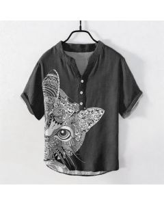 Buddha Stones Cotton Tribal Cat Face Pattern Men's Short Sleeve Half Button Shirt - Black / US/UK/AU38，EU48 (M)