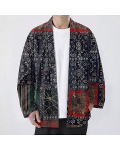 Buddha Stones Cotton Tribal Geometric Patchwork Pattern Open Front Men's Kimono - Navy / US/UK/AU38，EU48 (M)