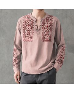 Buddha Stones Cotton Tribal Geometric Pattern V-Neck Buttons Men's Long Sleeve Shirts - LightPink / US/UK/AU38，EU48 (M)